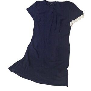 Talbots Navy Dress White Lace Trim Size 8p Nautical Travel Office Career Wedding